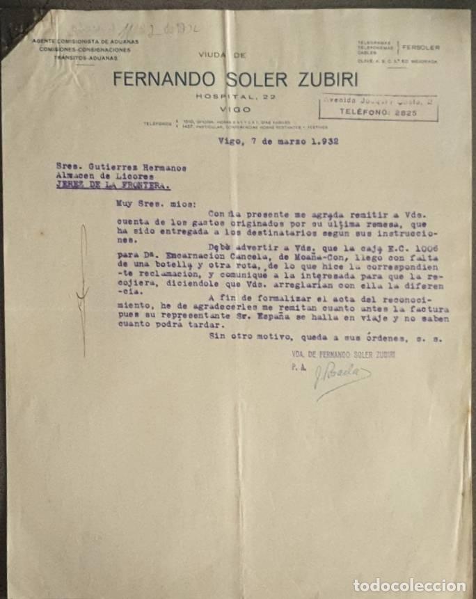 Cartas comerciales: Carta comercial. Fernando Soler Zubiri. Agente comisionista de aduanas. Vigo. Espa&ntilde;a 1932