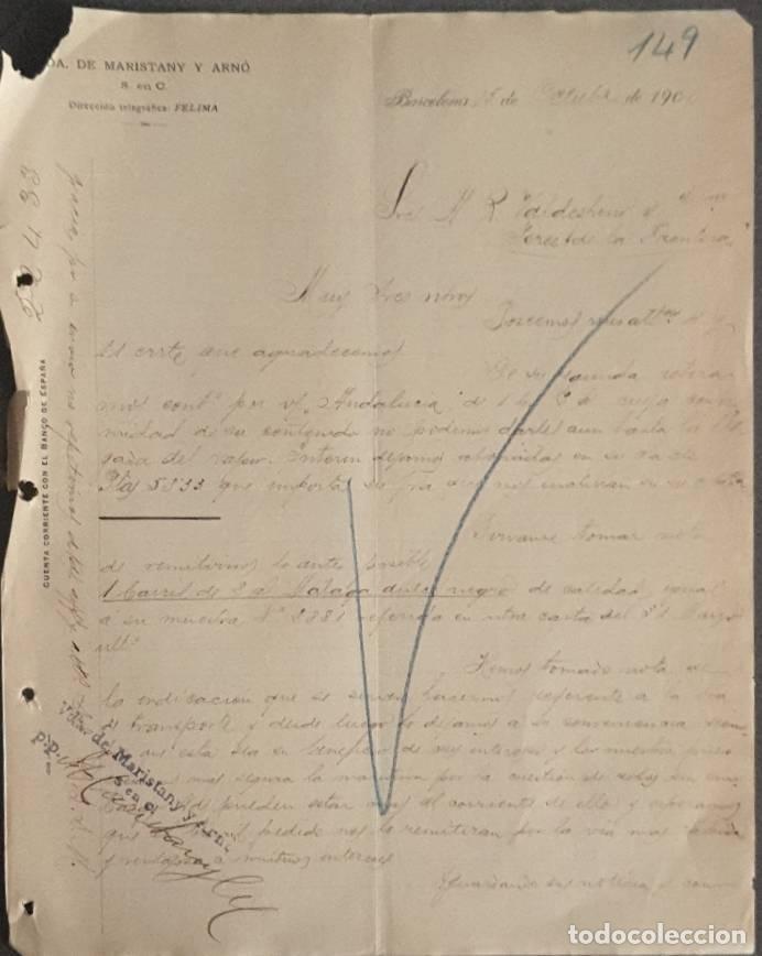 Lettres commerciales: Carta comercial. Vda. de Maristany y Arn&oacute;. S. en C. Barcelona. Espa&ntilde;a 1900
