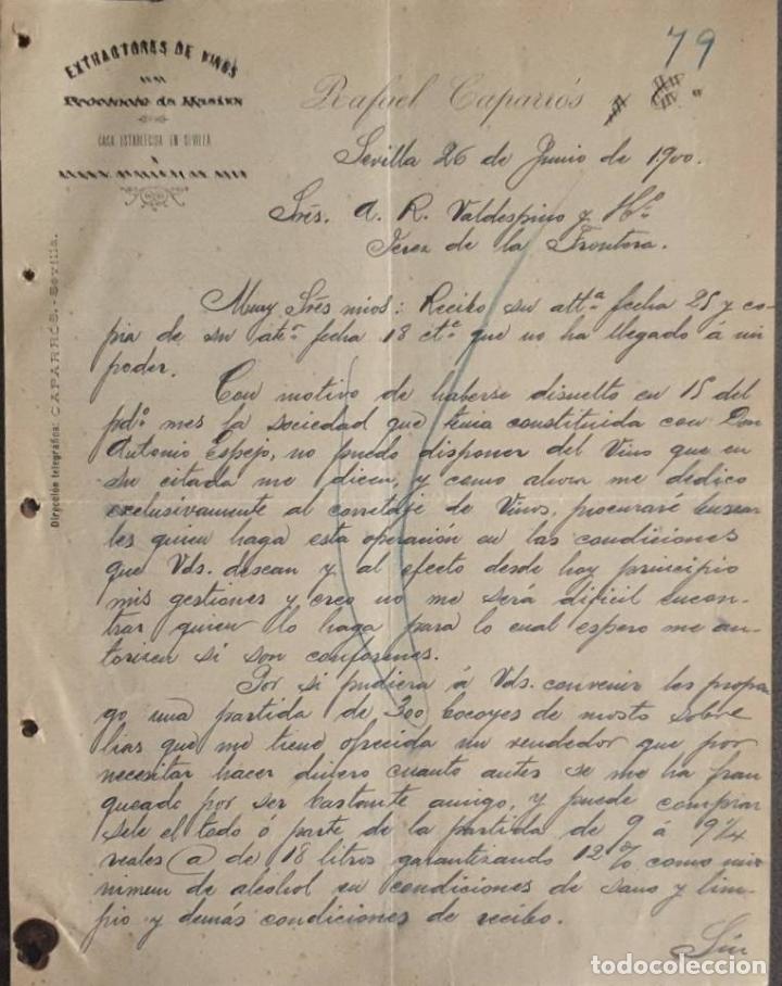 Lettres commerciales: Carta comercial. Rafael Caparr&oacute;s y C&ordf;. Extractores de vinos. Villalba. Espa&ntilde;a 1900
