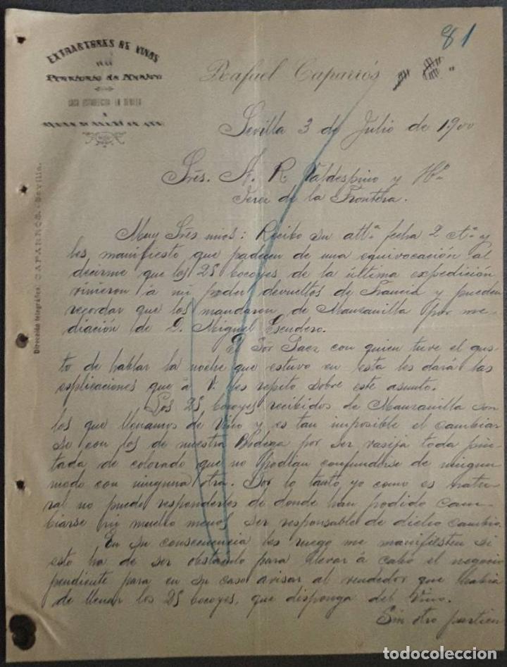 Lettres commerciales: Carta comercial. Rafael Caparr&oacute;s y C&ordf;. Extractores de vinos. Villalba. Espa&ntilde;a 1900