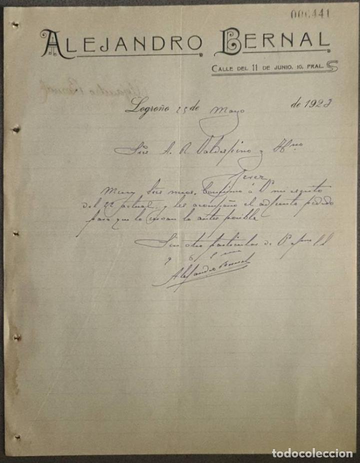 Lettres commerciales: Carta comercial. Alejandro Bernal. Representante. Logro&ntilde;o. Espa&ntilde;a 1923