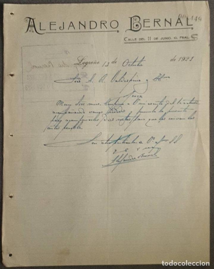 Lettres commerciales: Carta comercial. Alejandro Bernal. Representante. Logro&ntilde;o. Espa&ntilde;a 1923