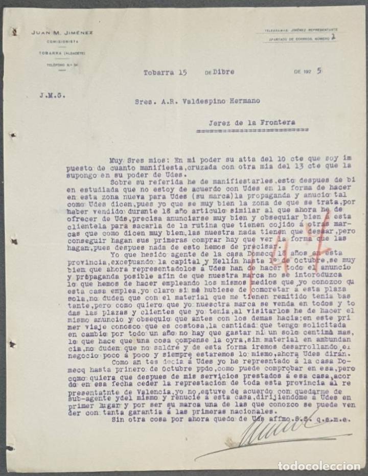 Lettres commerciales: Carta comercial. Juan M. Jimenez. Comisionista. Tobarra. Espa&ntilde;a 1925