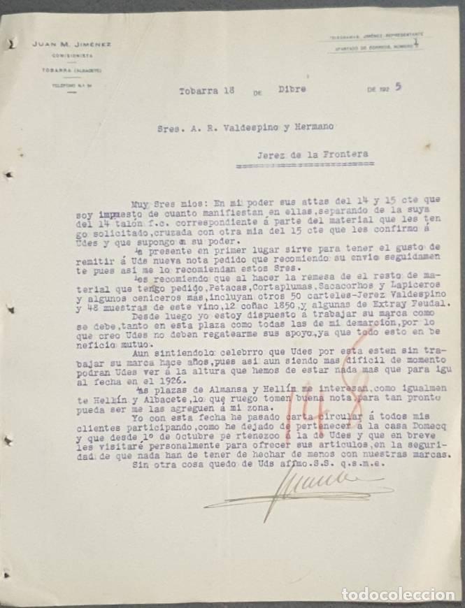 Cartas comerciais: Carta comercial. Juan M. Jimenez. Comisionista. Tobarra. Espa&ntilde;a 1925