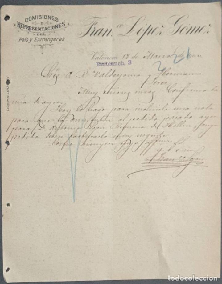 Cartas comerciales: Carta comercial. Fran L&oacute;pez G&oacute;mez. Comisiones y Representaciones. Valencia. Espa&ntilde;a 1900