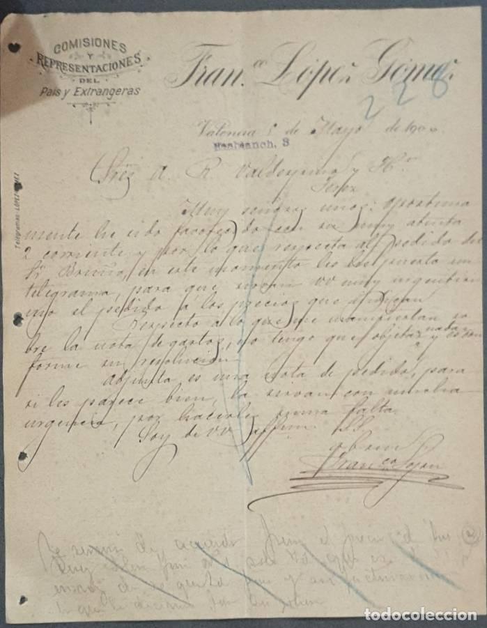 Cartas comerciales: Carta comercial. Fran L&oacute;pez G&oacute;mez. Comisiones y Representaciones. Valencia. Espa&ntilde;a 1900