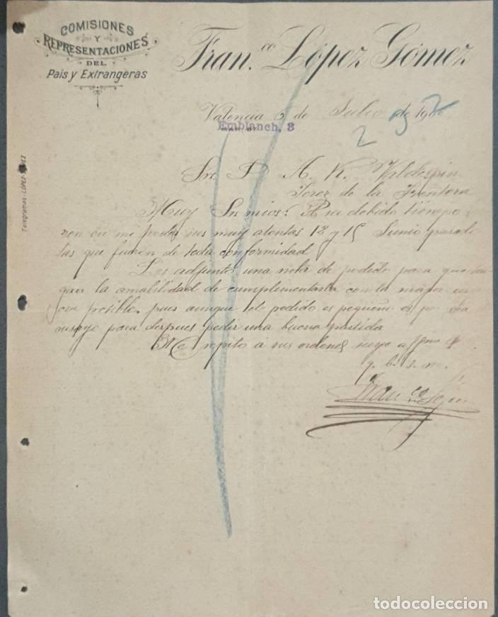 Cartas comerciales: Carta comercial. Fran L&oacute;pez G&oacute;mez. Comisiones y Representaciones. Valencia. Espa&ntilde;a 1900