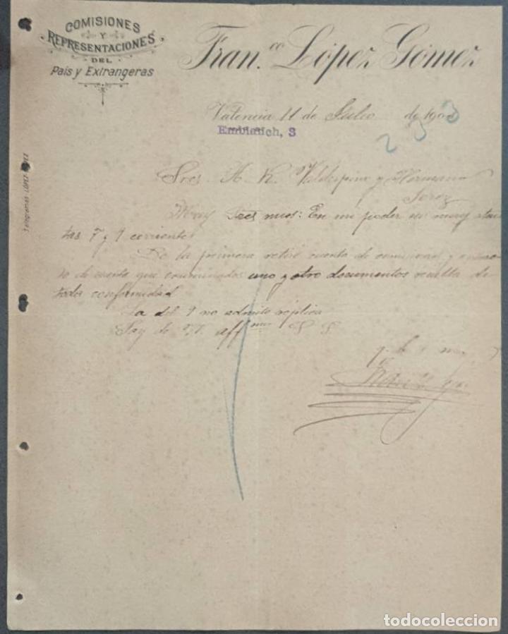 Cartas comerciales: Carta comercial. Fran L&oacute;pez G&oacute;mez. Comisiones y Representaciones. Valencia. Espa&ntilde;a 1900
