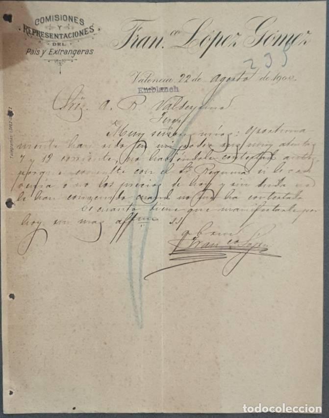 Cartas comerciales: Carta comercial. Fran L&oacute;pez G&oacute;mez. Comisiones y Representaciones. Valencia. Espa&ntilde;a 1900