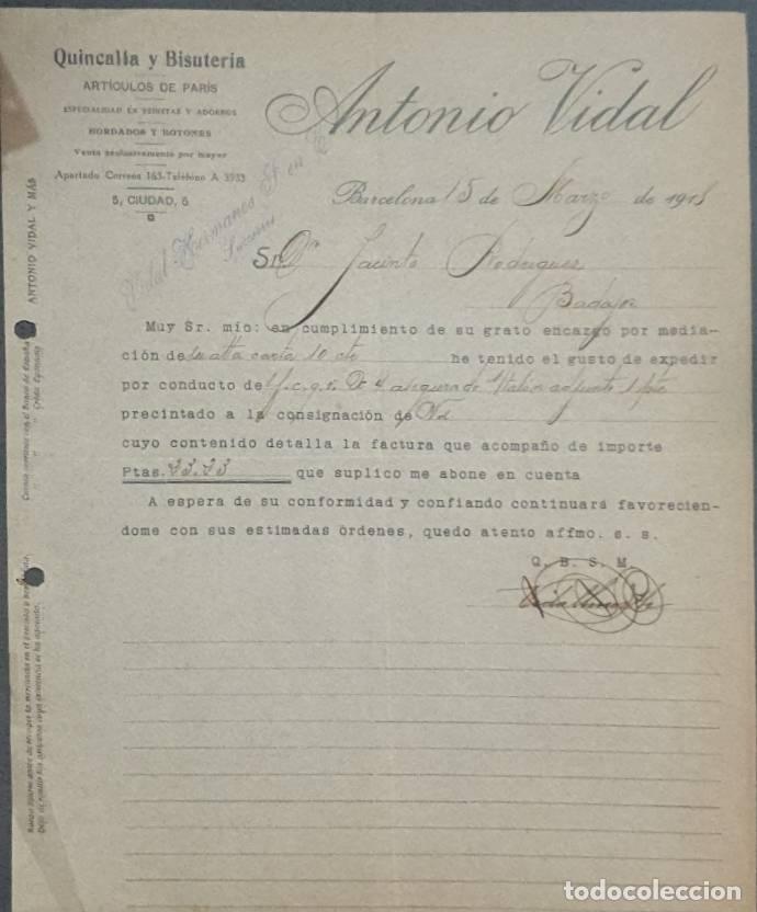 Cartas comerciales: Carta comercial. Antonio Vidal. Quincalla y Bisuter&iacute;a. Barcelona. Espa&ntilde;a 1918