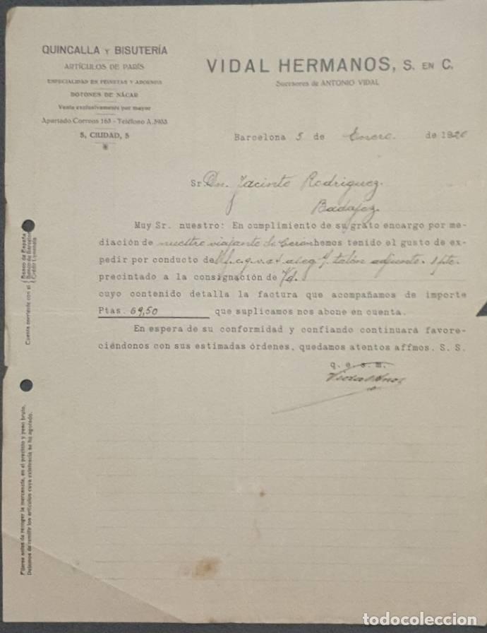 Cartas comerciales: Carta comercial. Vidal Hermanos S. en C. Quincalla y Bisuter&iacute;a. Barcelona. Espa&ntilde;a 1920