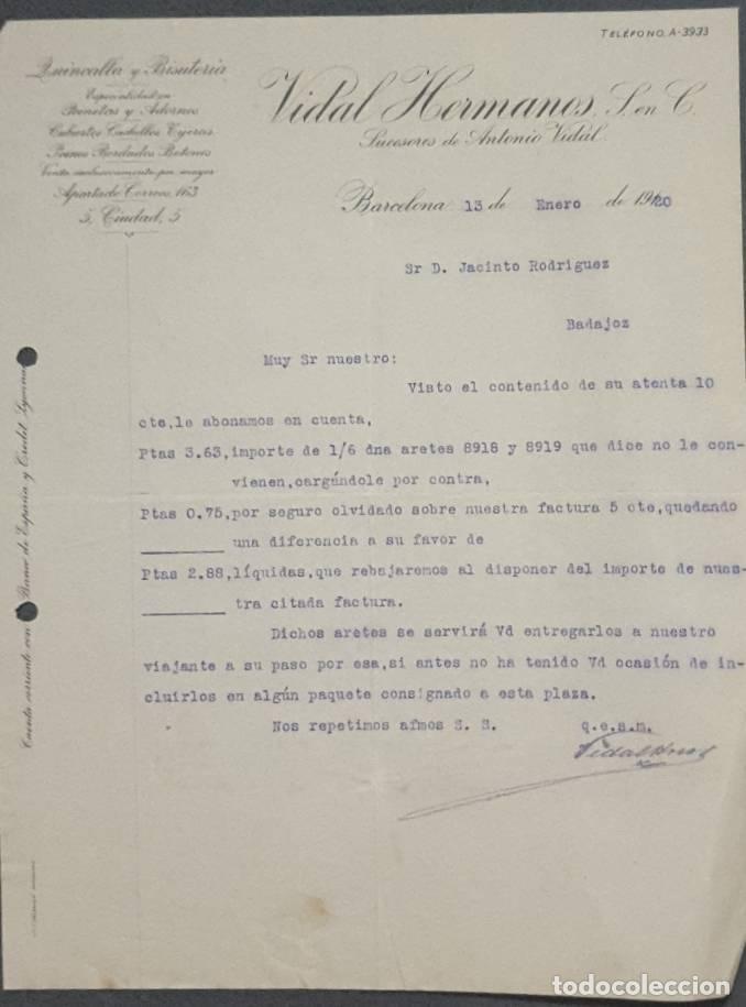 Cartas comerciales: Carta comercial. Vidal Hermanos S. en C. Quincalla y Bisuter&iacute;a. Barcelona. Espa&ntilde;a 1920