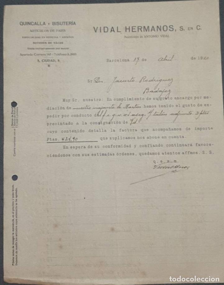 Cartas comerciales: Carta comercial. Vidal Hermanos S. en C. Quincalla y Bisuter&iacute;a. Barcelona. Espa&ntilde;a 1920
