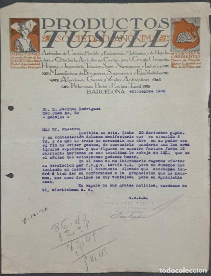 Cartas comerciales: Carta comercial. Productos Tusell S.A. Barcelona. Espa&ntilde;a 1920