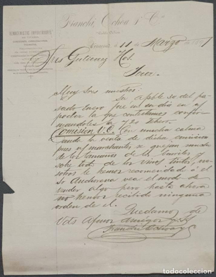 Cartas comerciales: Carta comercial. Franchi, Ochoa & C&ordf;. Almacenistas Importadores. Veracruz. M&eacute;xico 1891