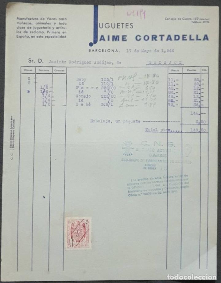 Cartas comerciales: Carta comercial. Jaime Cortadella. Juguetes. Barcelona. Espa&ntilde;a 1944