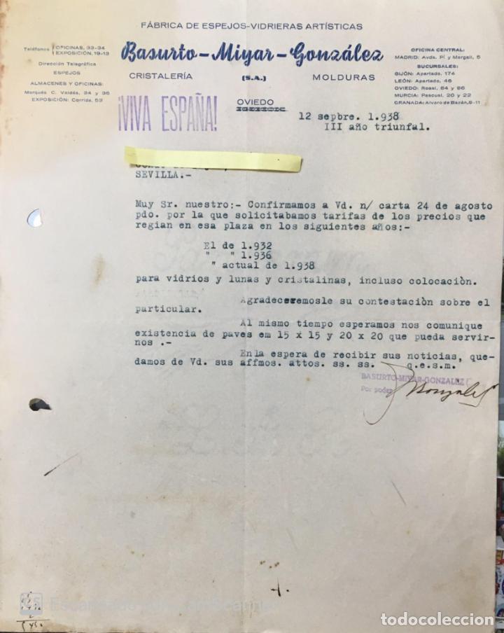 Cartas comerciales: Carta comercial F&aacute;brica Espejos Basurto Miyar Gonz&aacute;lez. Oviedo 1938
