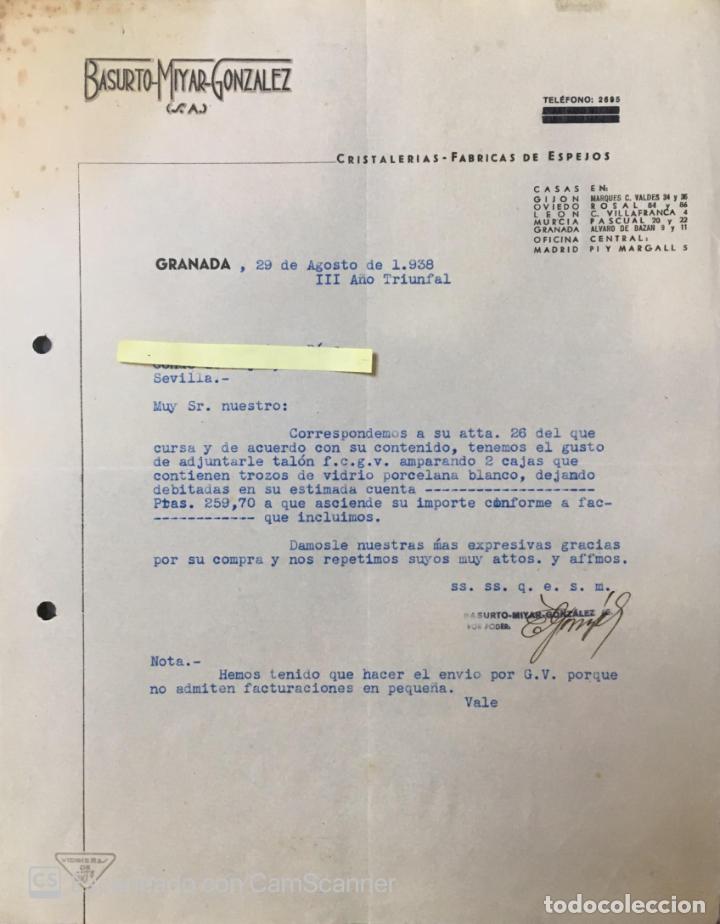 Cartas comerciales: Carta comercial F&aacute;brica Espejos Basurto Miyar Gonz&aacute;lez. Granada 1938