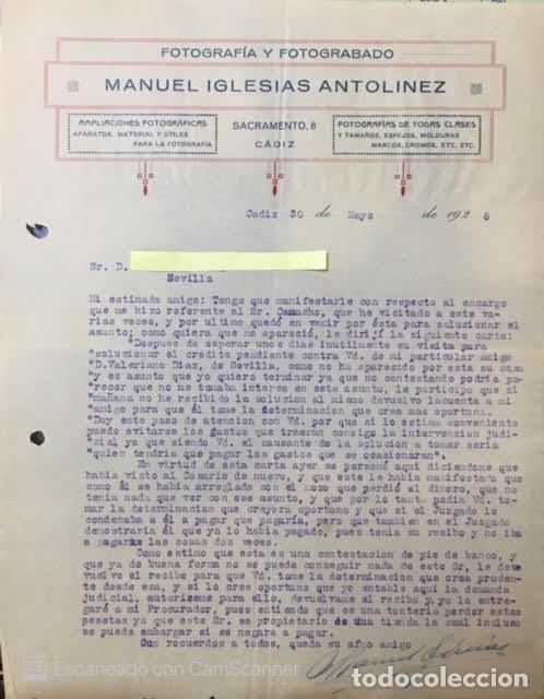 Cartas comerciales: Carta comercial Fotograf&iacute;a y Fotograbado M. Iglesias Antolinez . C&aacute;diz 1928