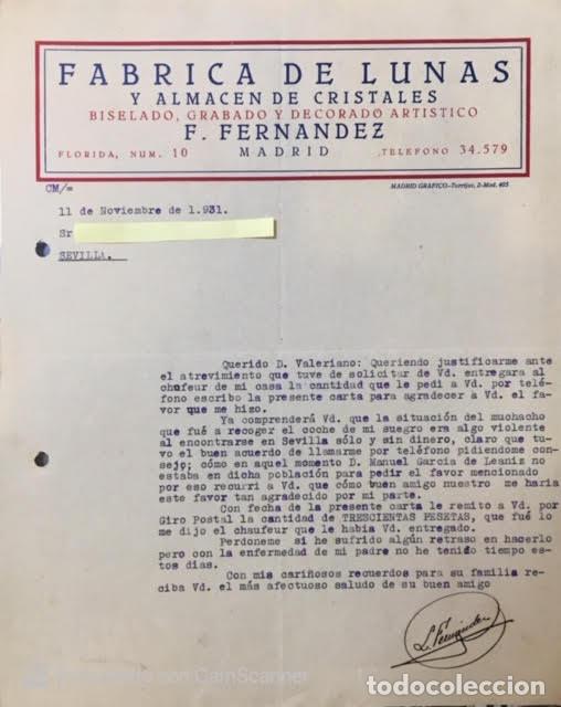 Lettres commerciales: Carta comercial F&aacute;brica de Lunas F. Fern&aacute;ndez. Madrid 1931