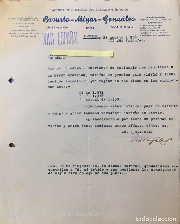 Lettres commerciales: Carta comercial Cristaler&iacute;a Basurto - Miyar - Gonz&aacute;lez. Oviedo 1938
