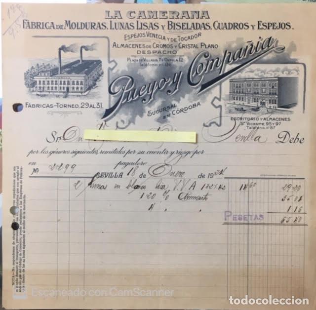 Lettres commerciales: Carta comercial F&aacute;brica Molduras, Lunas, Espejos...La Camerana. Pueyo . Sevilla A&ntilde;os 20