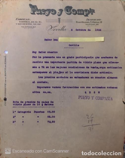 Lettres commerciales: Carta comercial Pueyo y C&iacute;a. Vidrios, Lunas .... Sevilla A&ntilde;o 1922