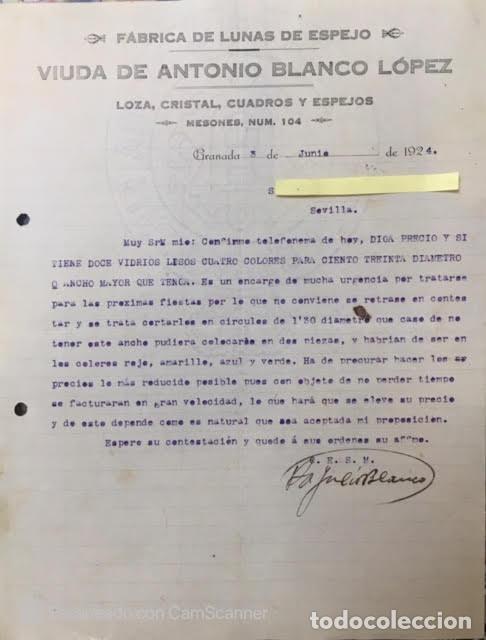 Lettres commerciales: Carta comercial Viuda de A. Blanco L&oacute;pez: Loza, Cristal, Cuadros, Espejos... Granada A&ntilde;o 1924
