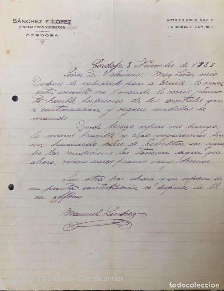 Lettres commerciales: Carta comercial Cristaleros y Vidrieros S&aacute;nchez y L&oacute;pez. C&oacute;rdoba A&ntilde;o 1923