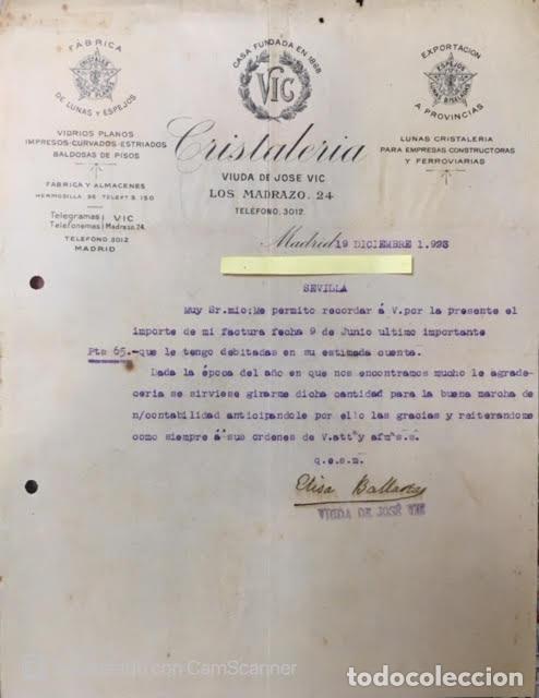 Lettres commerciales: Carta comercial F&aacute;brica de Lunas, Espejos Viuda de Jos&eacute; Vic. Madrid A&ntilde;o 1923