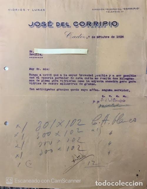 Lettres commerciales: Carta comercial Vidrios y Lunas Jos&eacute; del Corripio. C&aacute;diz 1924