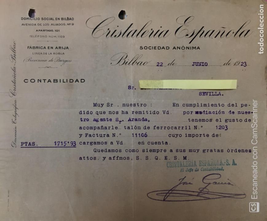 Lettres commerciales: Carta comercial Cristaler&iacute;a Espa&ntilde;ola. Bilbao 1923 . F&aacute;brica en Arija ( Burgos )