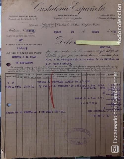 Lettres commerciales: Carta comercial Cristaler&iacute;a Espa&ntilde;ola. Arija ( Burgos ). A&ntilde;o 1923