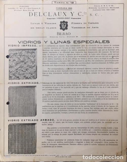 Lettres commerciales: Carta comercial Delclaux : F&aacute;brica de Espejos. Tarifa n&ordm; 12 Vidrios y Lunas especiales