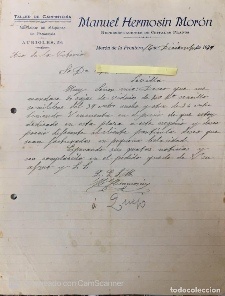 Lettres commerciales: Carta comercial Taller de Carpinter&iacute;a M. Hermos&iacute;n Mor&oacute;n . Mor&oacute;n de la Frontera A&ntilde;os 20