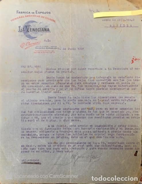 Lettres commerciales: Carta comercial F&aacute;brica de Espejos La Veneciana . Zaragoza 1921
