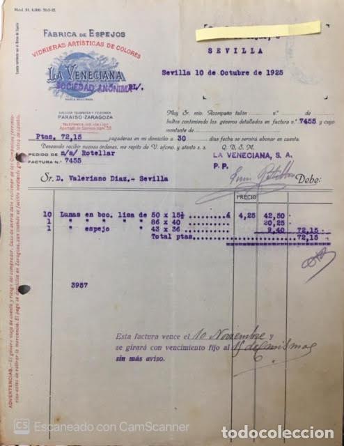 Lettres commerciales: Carta comercial F&aacute;brica de Espejos La Veneciana . Sevilla 1925