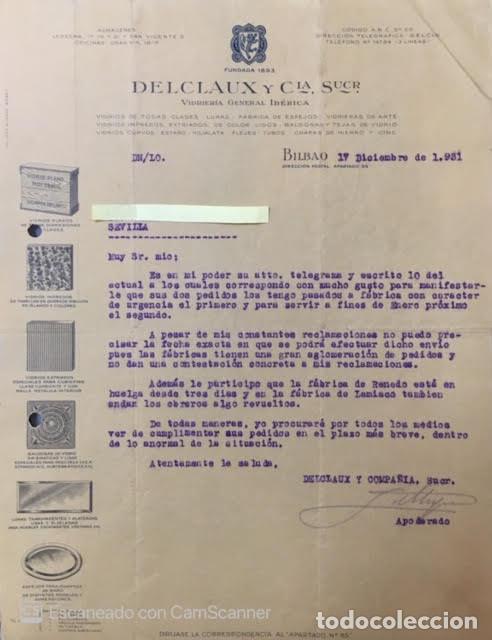 Lettres commerciales: Carta comercial Delcraux y C&iacute;a : Vidriera General Ib&eacute;rica . Bilbao 1931