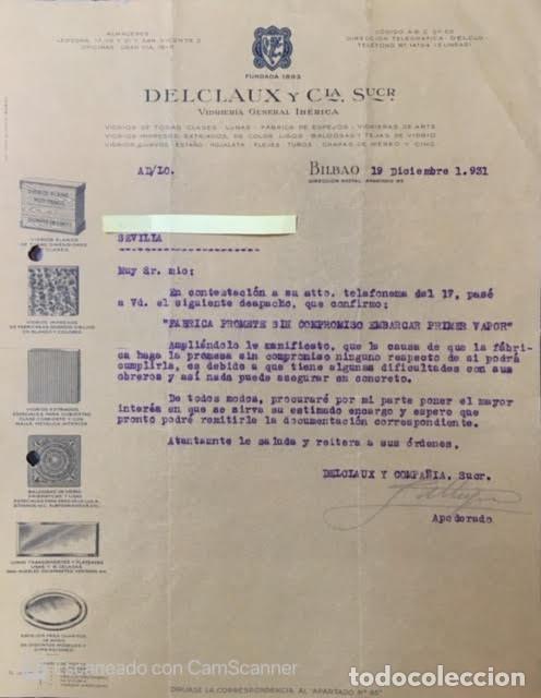 Lettres commerciales: Carta comercial Delcraux y C&iacute;a : Vidriera General Ib&eacute;rica . Bilbao 1931