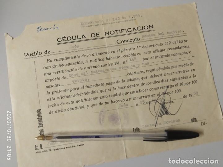 Lettres commerciales: HACIENDA CEDULA DE NOTIFICACION RECAUDATORIA JAEN RENTAS DE CAPITAL 1959.