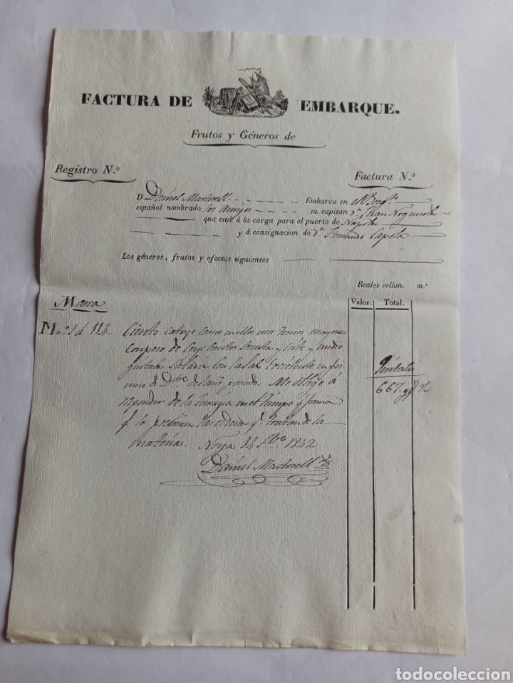 Cartas comerciales: Factura de embarque, Noya 1842. La Coru&ntilde;a, Galicia.