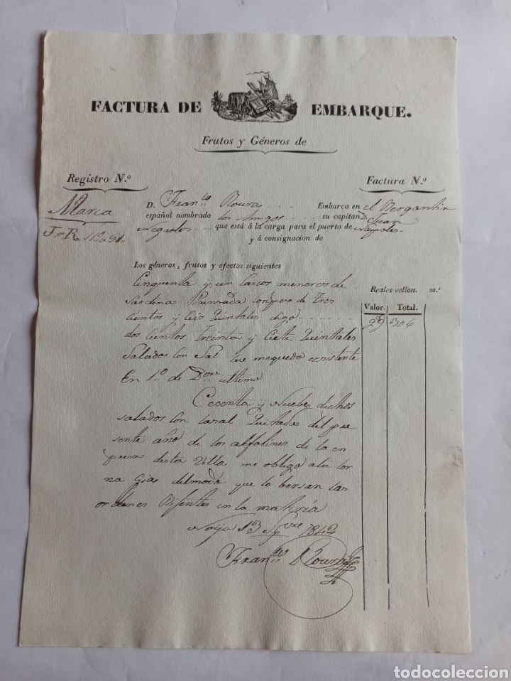 Lettres commerciales: Factura de embarque, Noya 1842. La Coru&ntilde;a, Galicia.