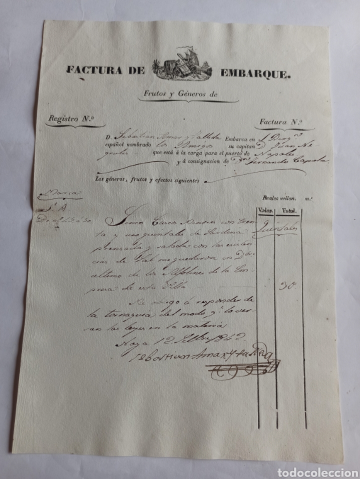Lettres commerciales: Factura de embarque, Noya 1842. La Coru&ntilde;a, Galicia.