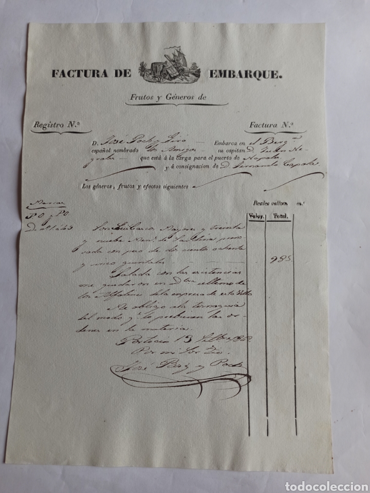 Cartas comerciales: Factura de embarque, Noya 1842. La Coru&ntilde;a, Galicia.