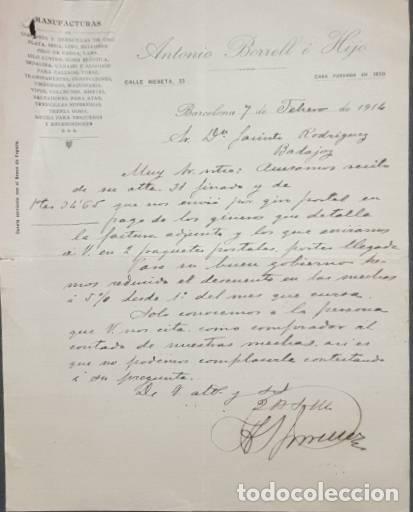 Lettres commerciales: Carta comercial. Antonio Borrell &eacute; Hijo. Manufacturas. Barcelona. Espa&ntilde;a 1916