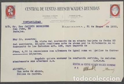 Lettres commerciales: Carta comercial. Central de ventas Heusch-Waldes Reunidas. Barcelona. Espa&ntilde;a 1933