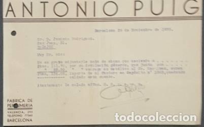 Lettres commerciales: Carta comercial. Antonio Puig. F&aacute;brica de perfumer&iacute;a. Badajoz 1935