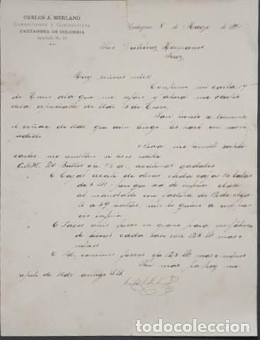 Lettres commerciales: Carta comercial. Carlos A. Merlano. Comerciante y Comisionista. Cartagena. Colombia 1891