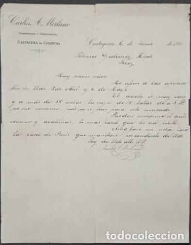 Lettres commerciales: Carta comercial. Carlos A. Merlano. Comerciante y Comisionista. Cartagena. Colombia 1891