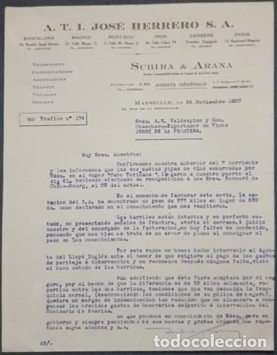 Lettres commerciales: Carta comercial. A.T. I. Jos&eacute; Herrero S.A. Subira & Arana. Marseille. Francia 1927